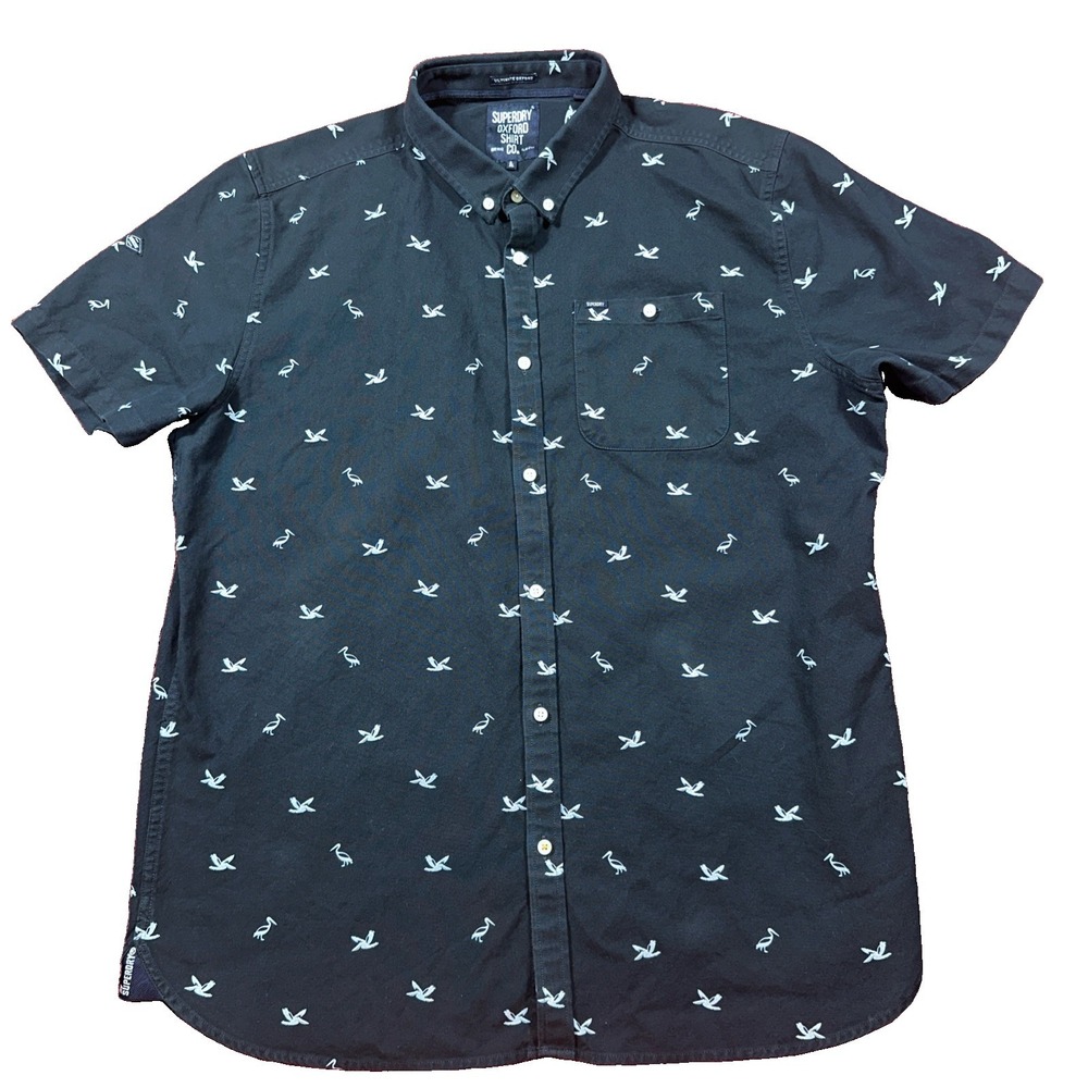 Superdry Ultimate Oxford Button Shirt Men's Size 3XL Short Sleeve Navy Birds AOP